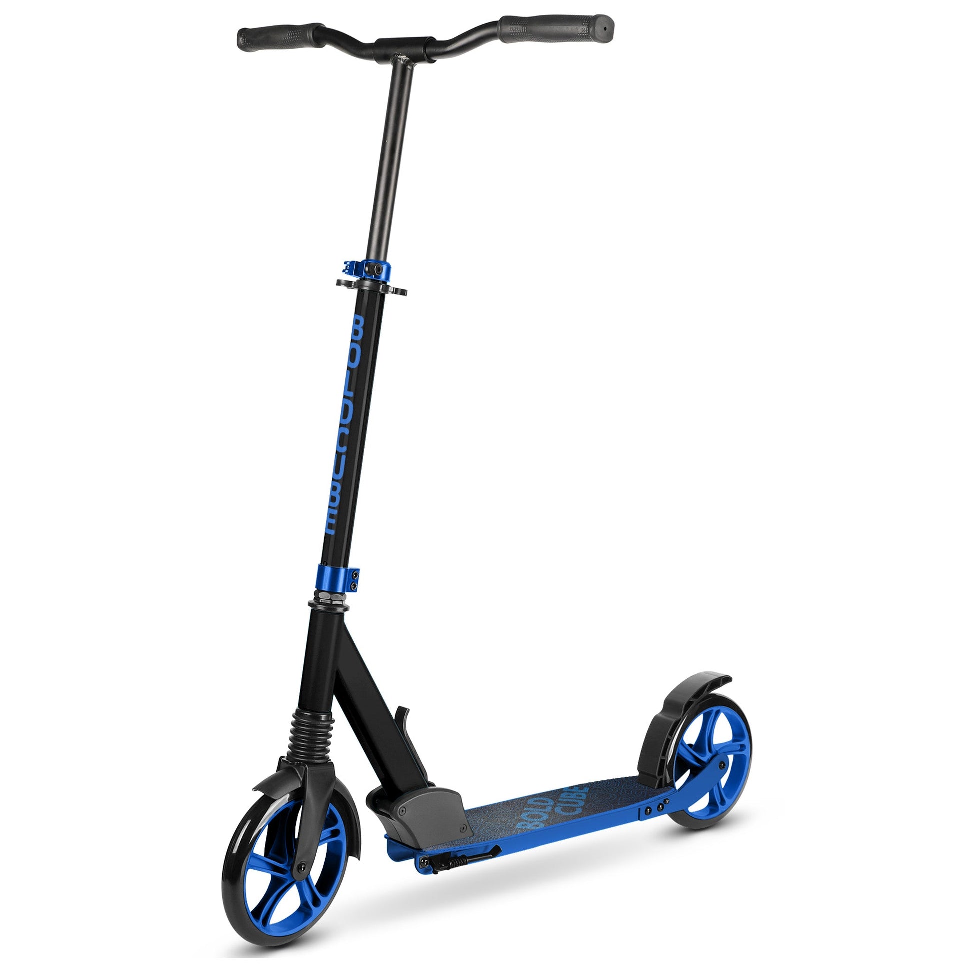 Black and blue scooter on a white background