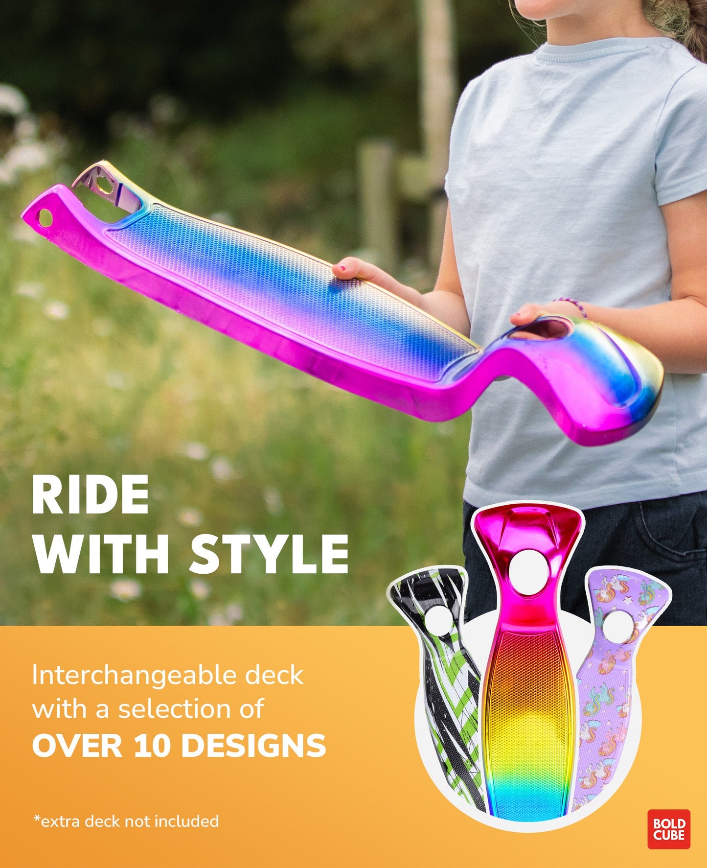 Colorful inflatable slide with interchangeable deck held by a person outdoors, featuring text about design options.