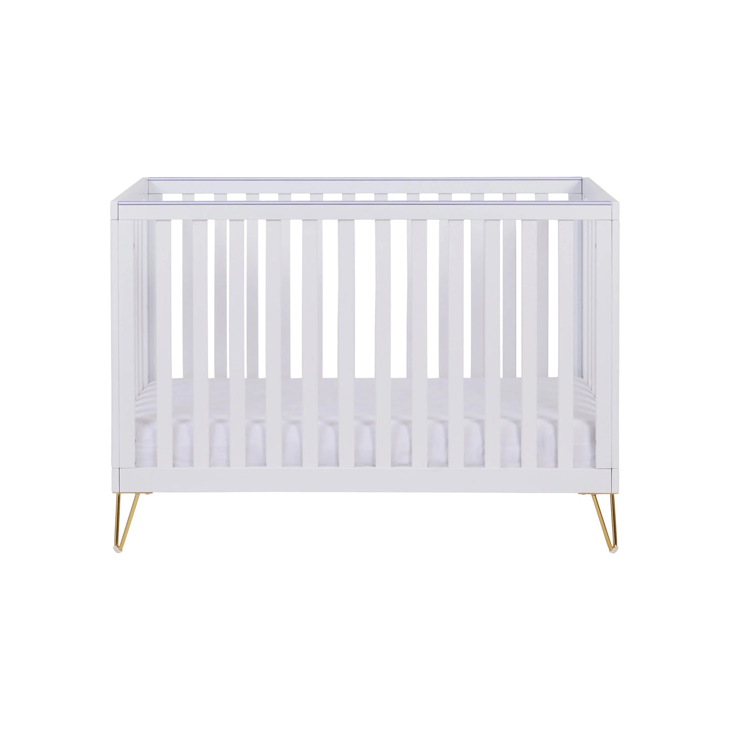 White crib with gold legs on a white background