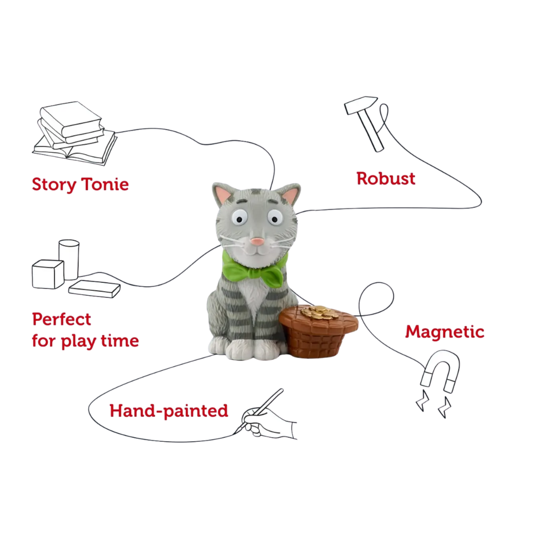 Cat plush toy with features listed on a white background