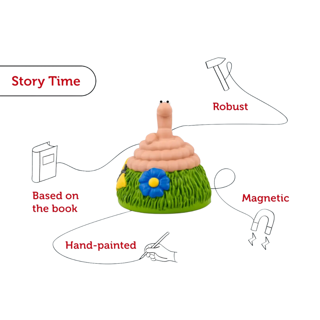 Toy with features listed on a white background