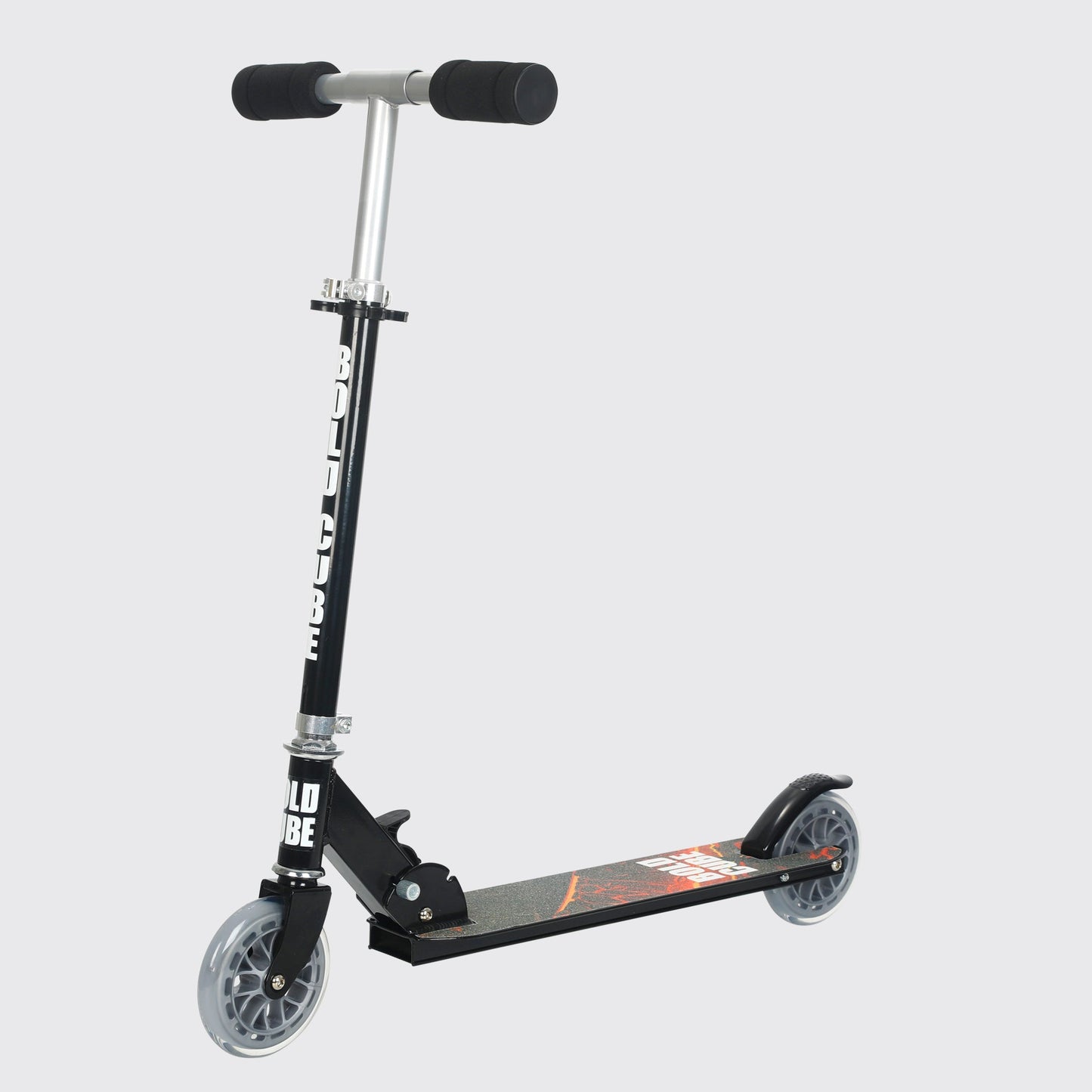 Black scooter with visible branding on a light gray background