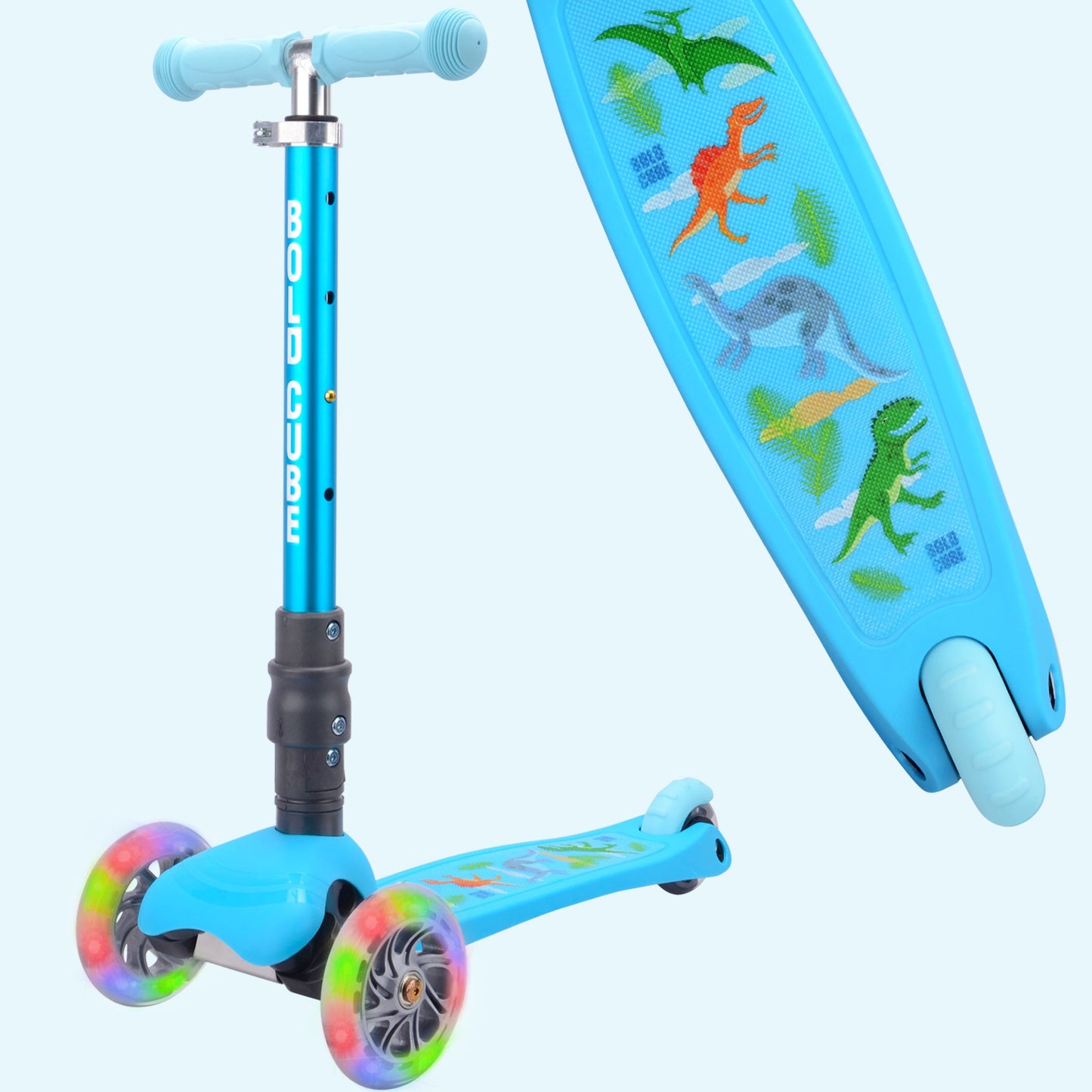 Children's scooter with dinosaur design on a light blue background
