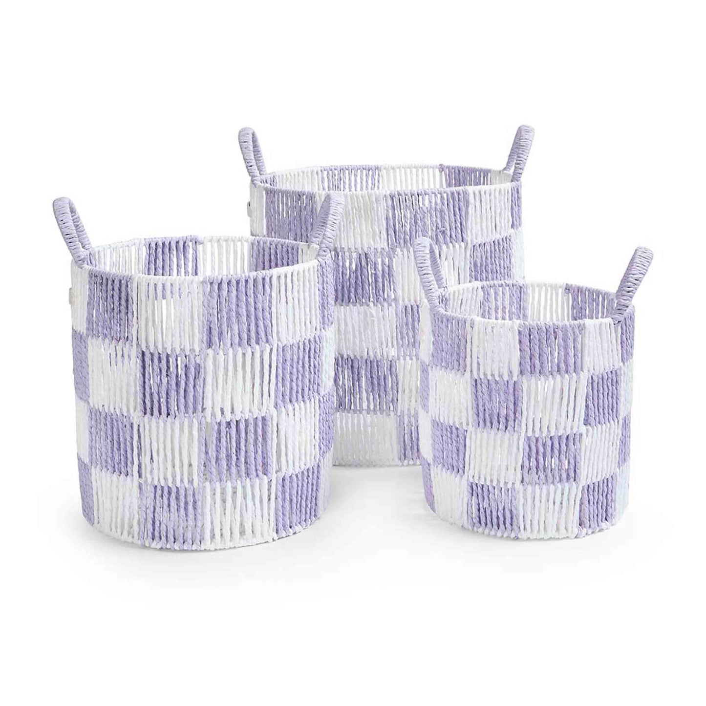 Three woven baskets with a checkered pattern in purple and white on a white background