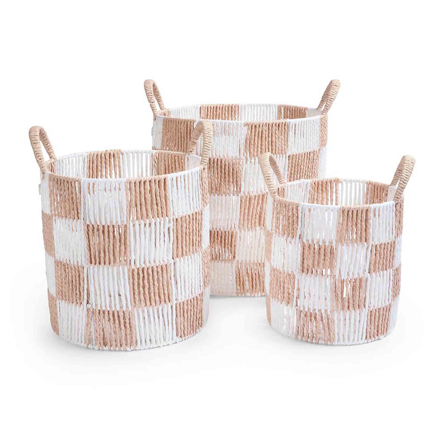 Three woven baskets with a checkered pattern on a white background