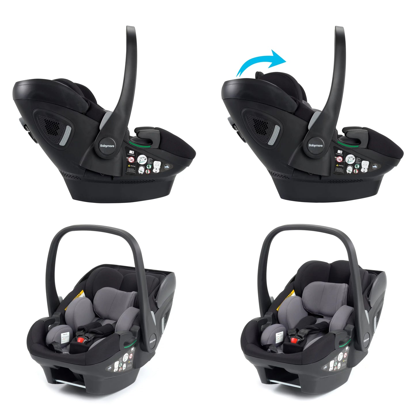 Baby car seat with adjustable headrest and reclined position on a white background