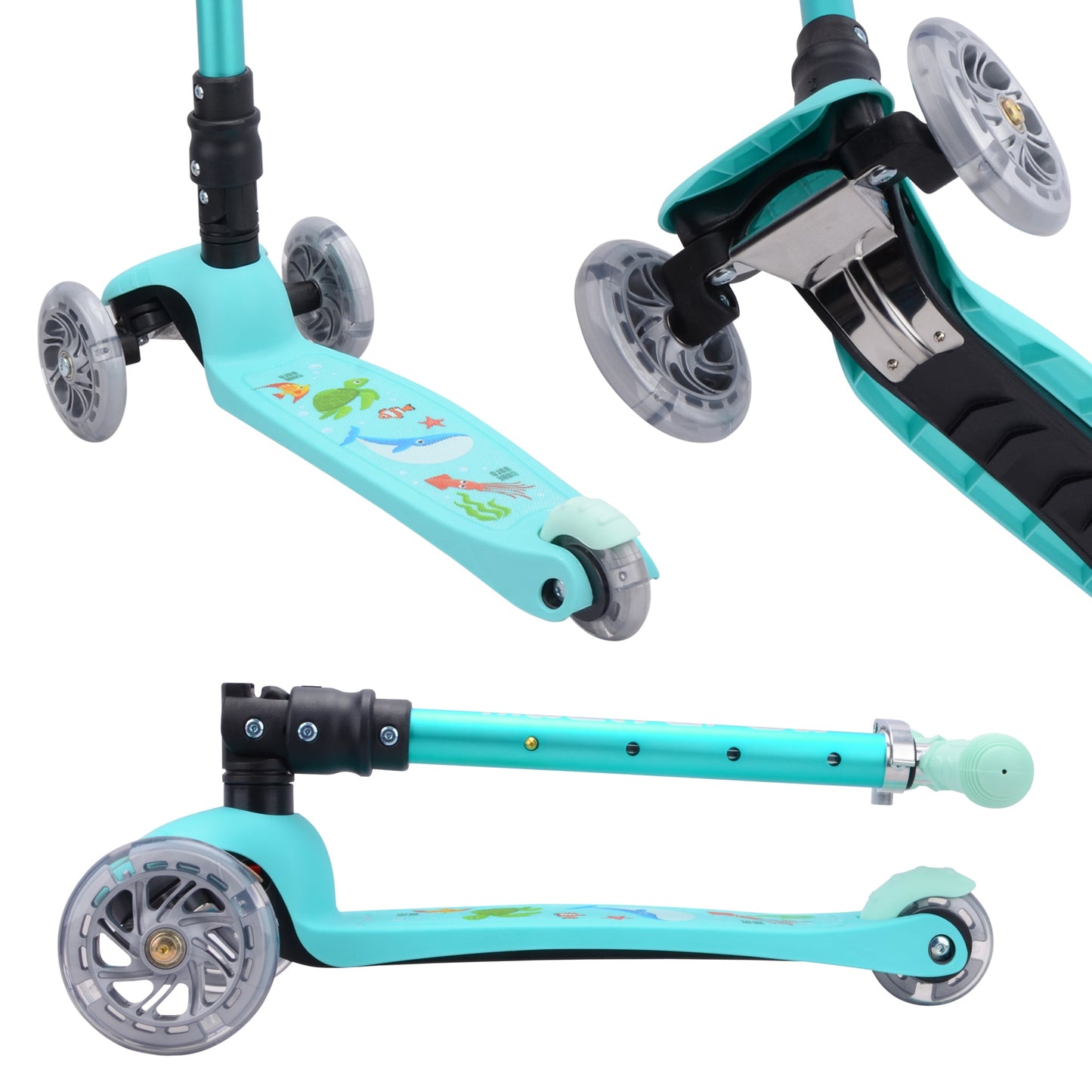 Turquoise scooter with multiple views on a white background