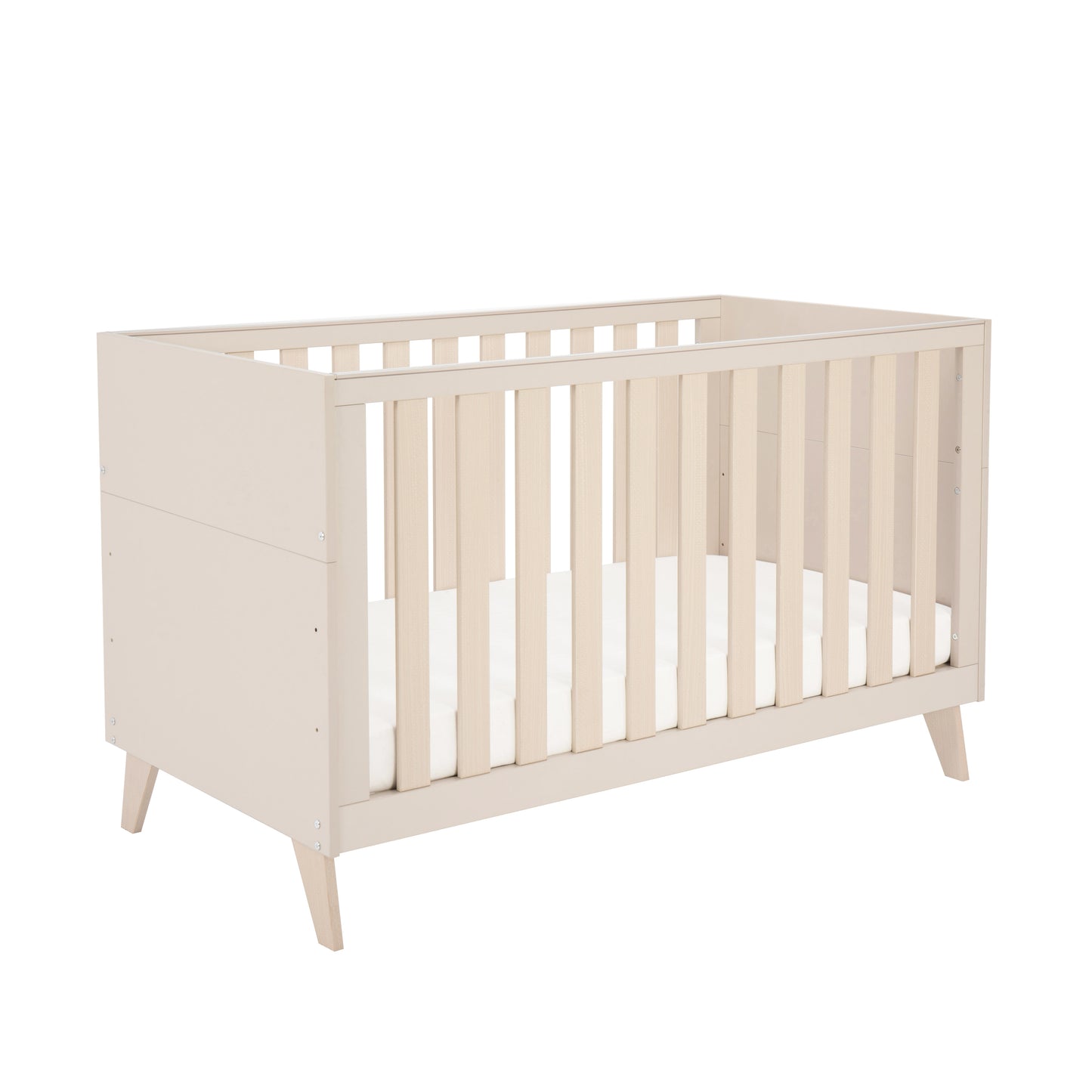 Cashmere cot with white mattress on a white background