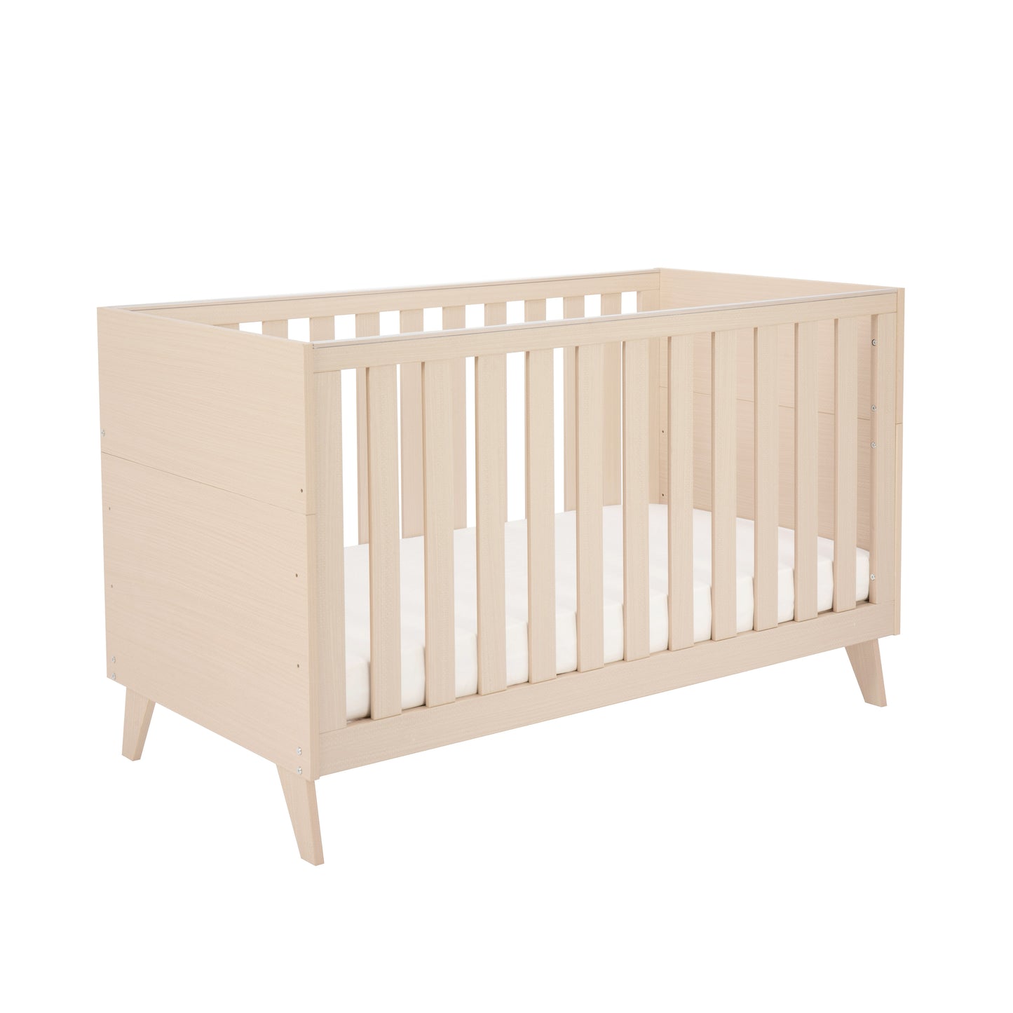 Natural wooden cot with white mattress on a white background