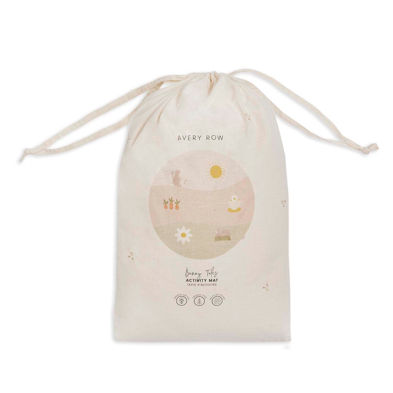 Drawstring bag with 'Avery Row' branding and product illustration on a white background