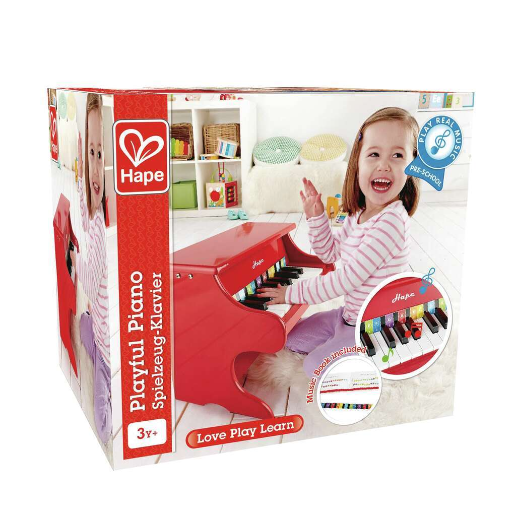 Hape Playful Piano toy packaging with a child playing the piano on the box.