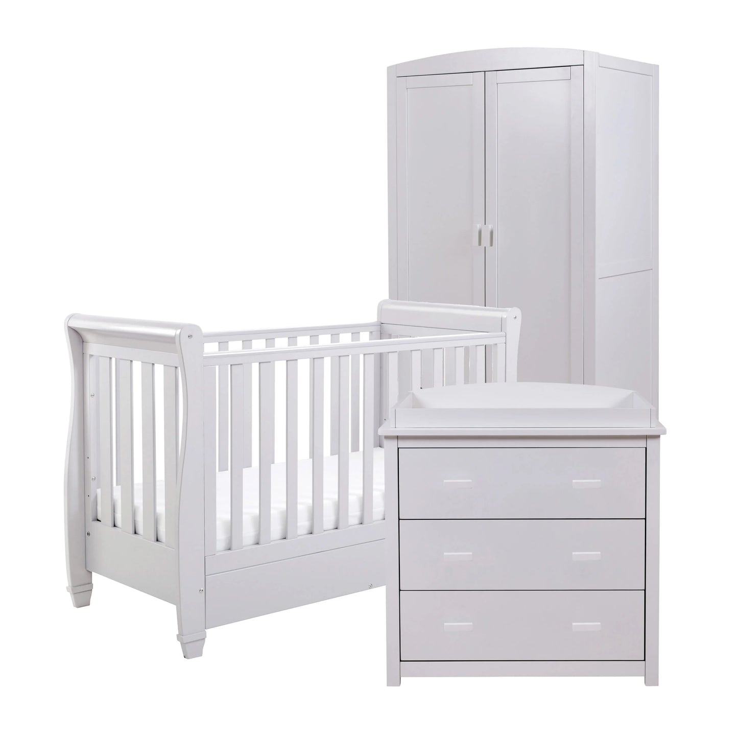 White crib, wardrobe, and dresser set on a white background
