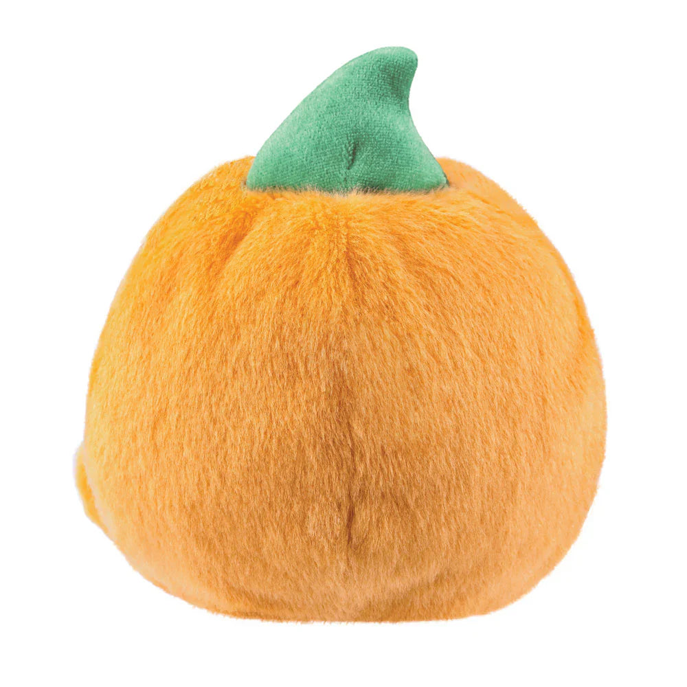 Plush pumpkin toy with a green stem on a white background