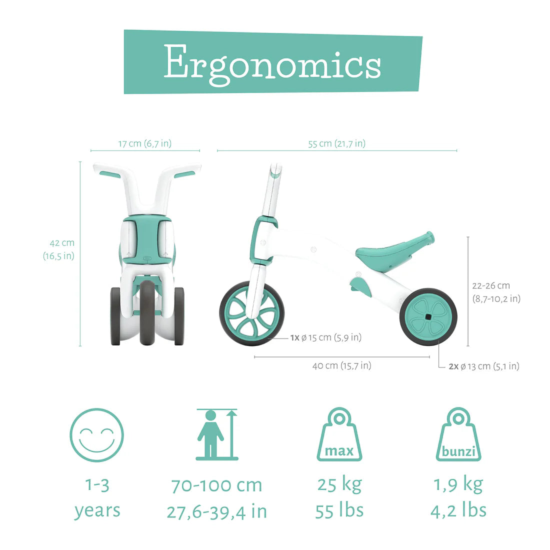 Ergonomic design and measurement chart for a children's bike with text and icons.