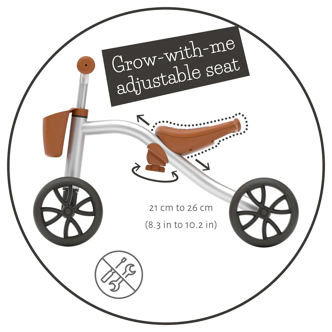 Diagram of a tricycle with an adjustable seat, showing measurement range.