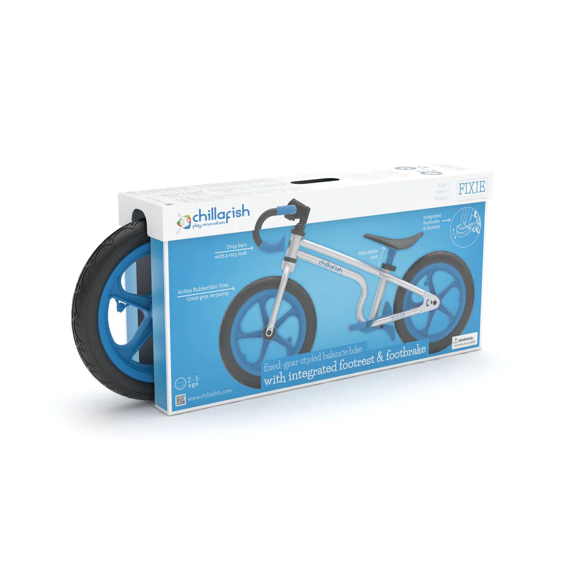 Boxed children's balance bike with training wheels on a white background