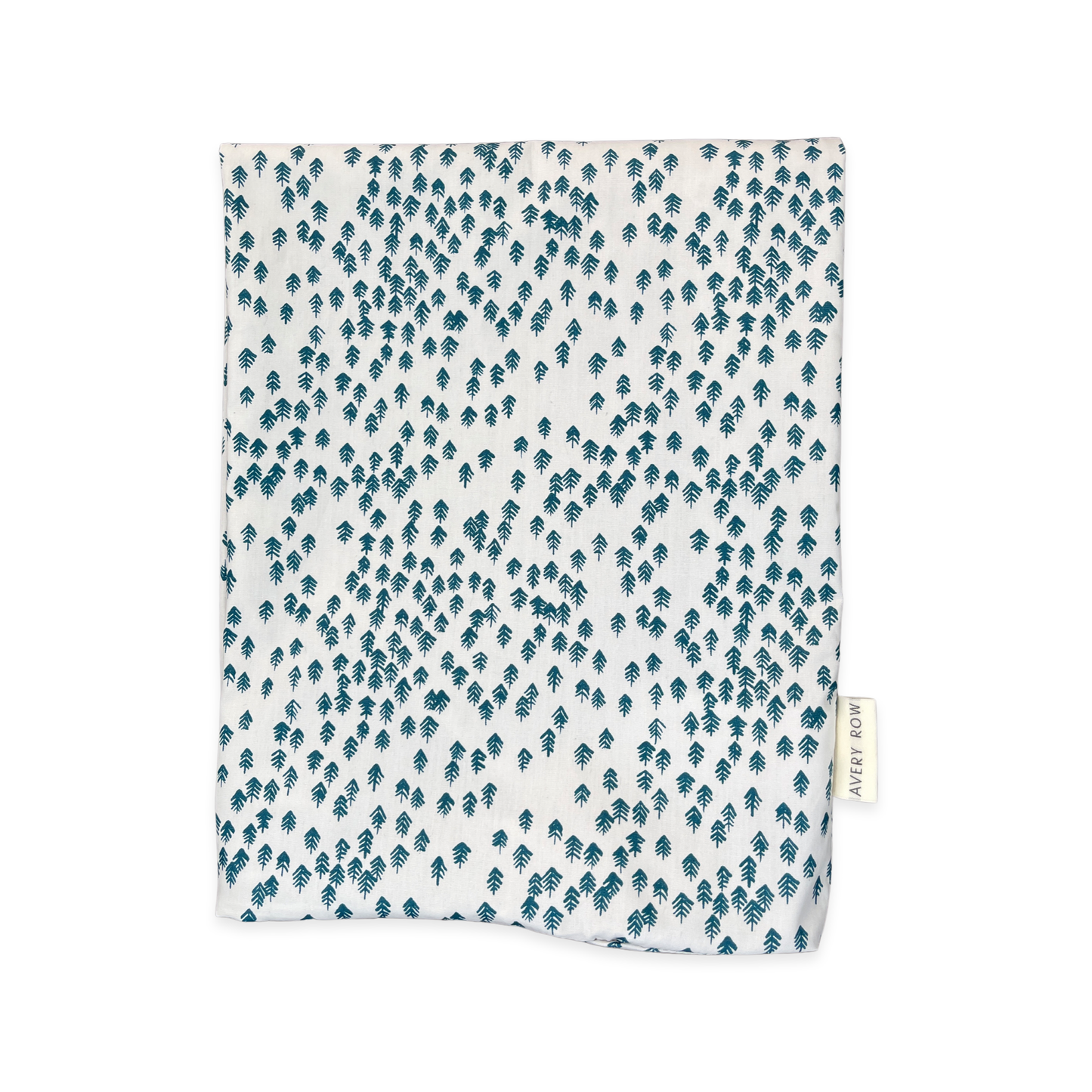 Fabric swatch with blue leaf pattern on a white background