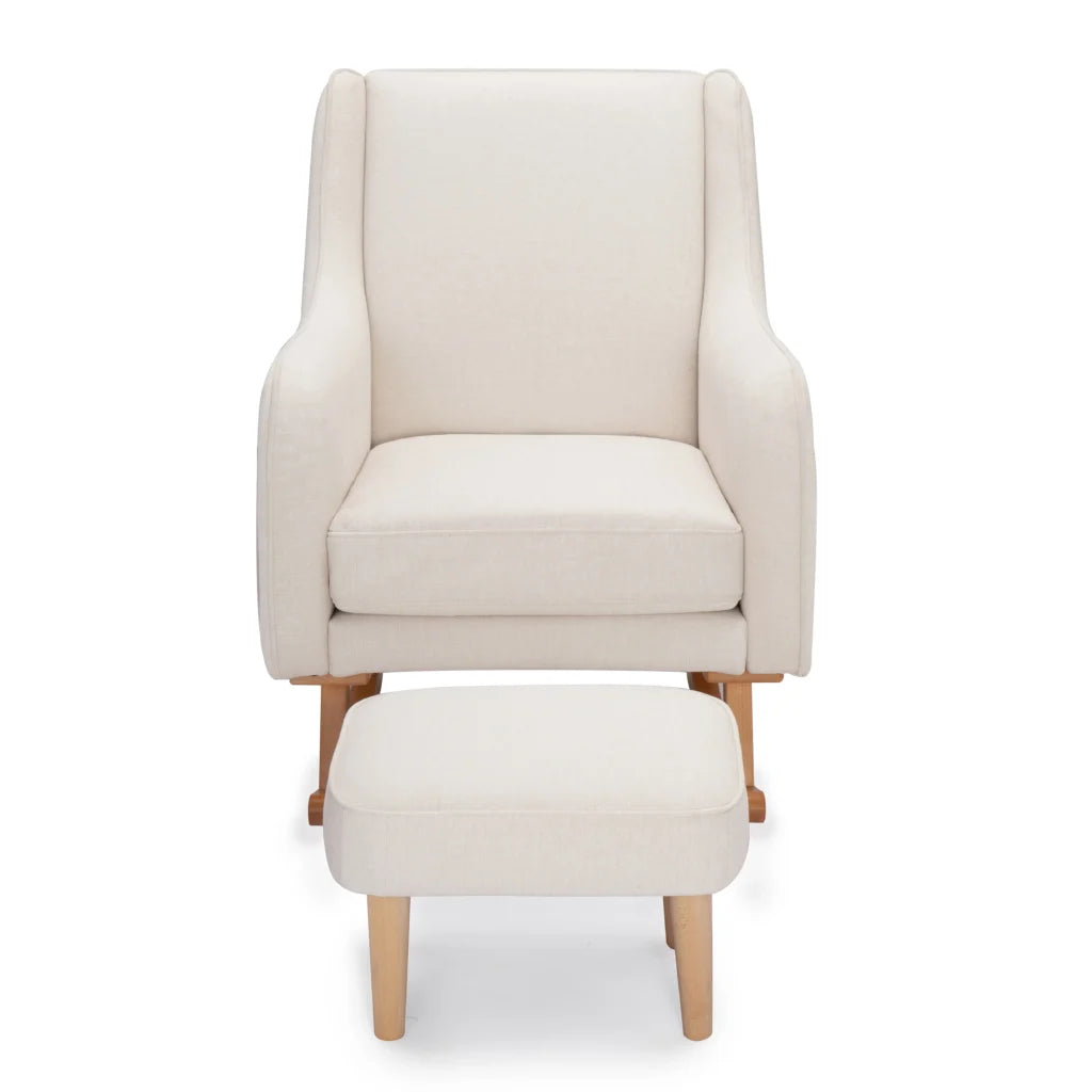 Beige armchair with matching ottoman on a white background