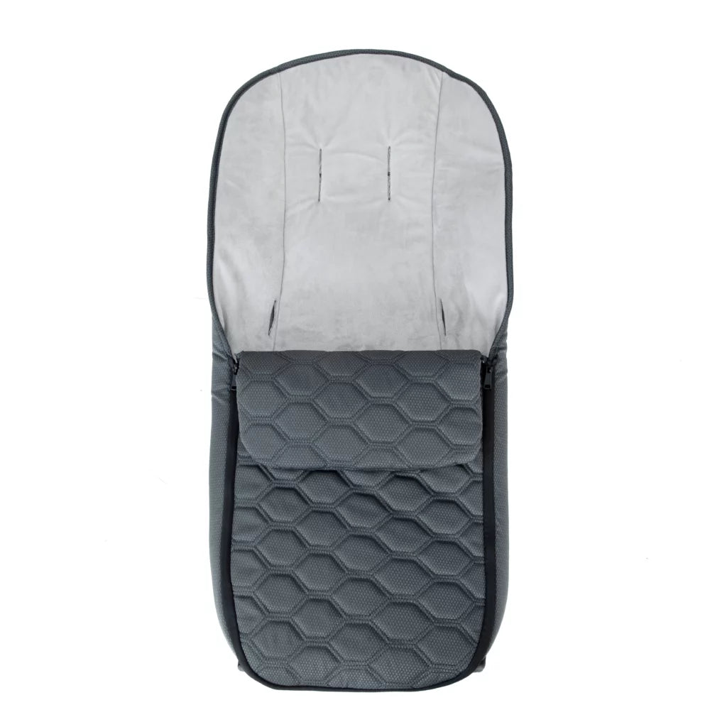 Gray quilted footmuff for a stroller on a white background