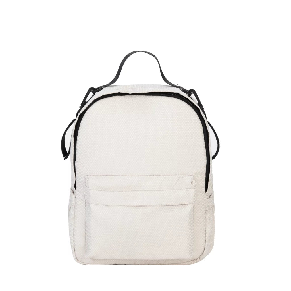 White backpack with black straps on a white background