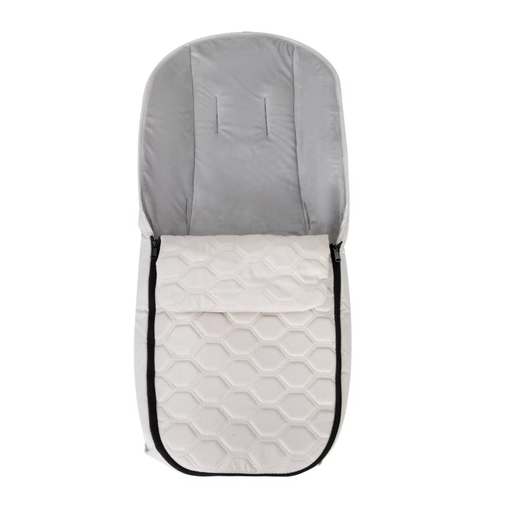 Gray and white baby footmuff on a white background