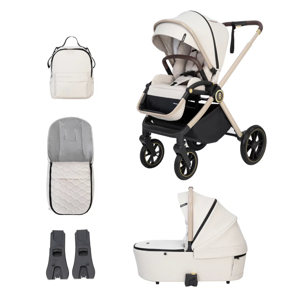Collage of a baby stroller with accessories on a white background
