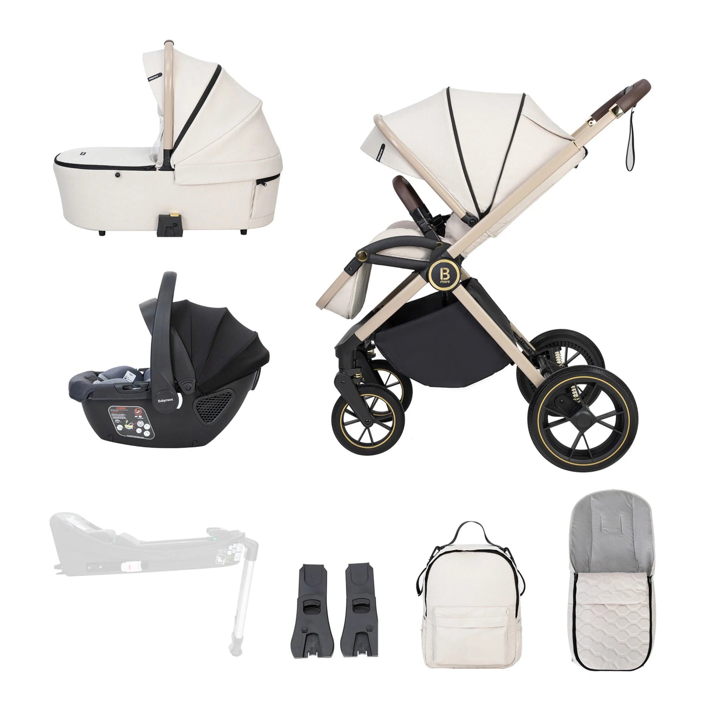 Collection of baby stroller and related accessories on a white background