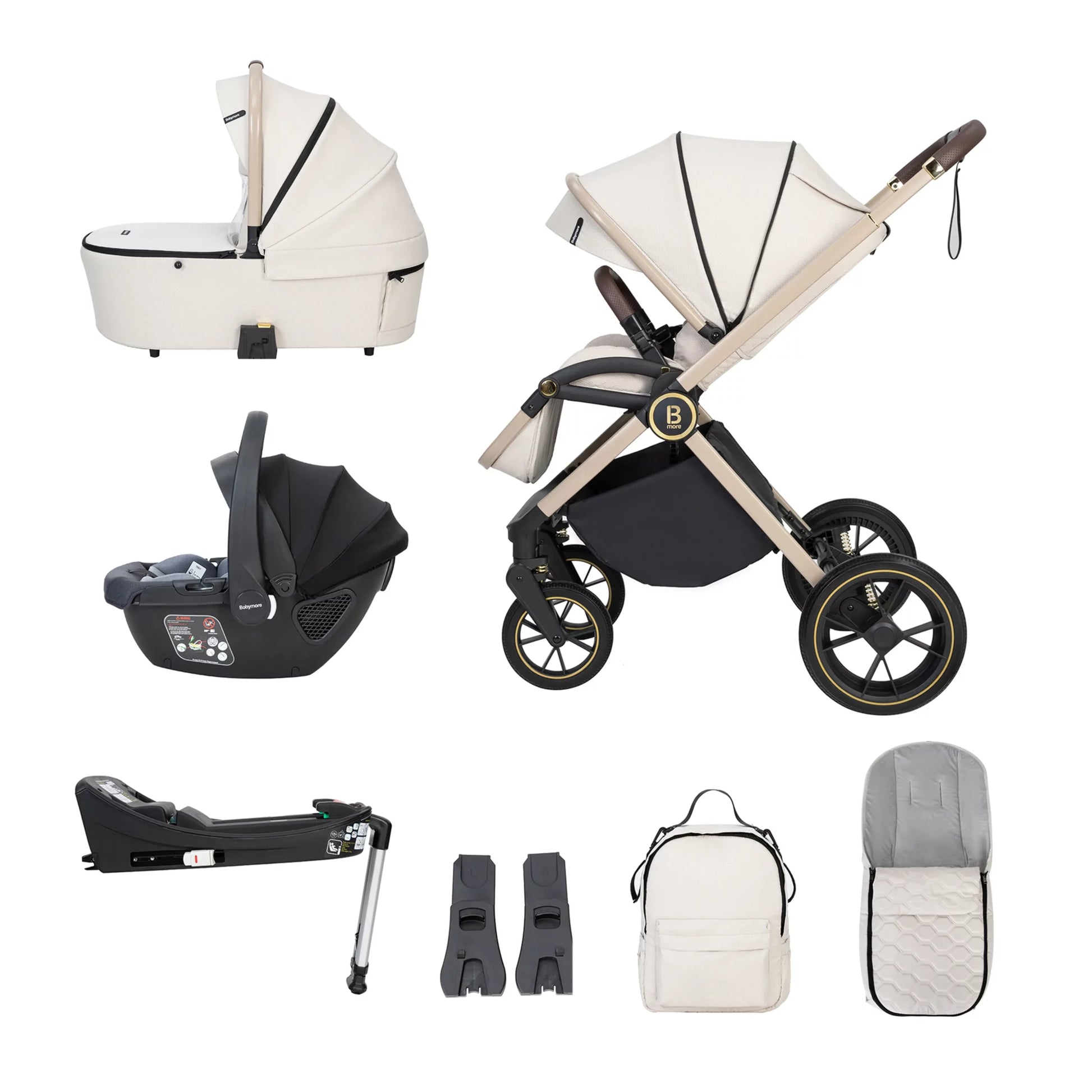 Collection of baby stroller and car seat products on a white background