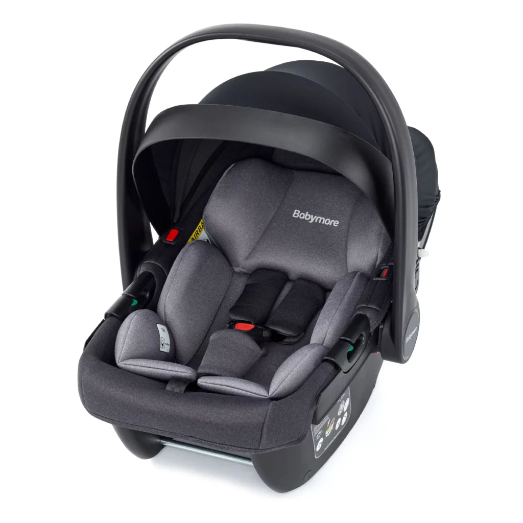 Gray baby car seat with black frame on a white background