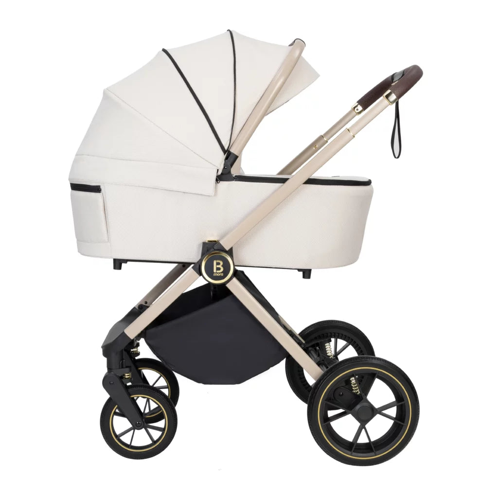 White and black baby stroller with canopy on a white background