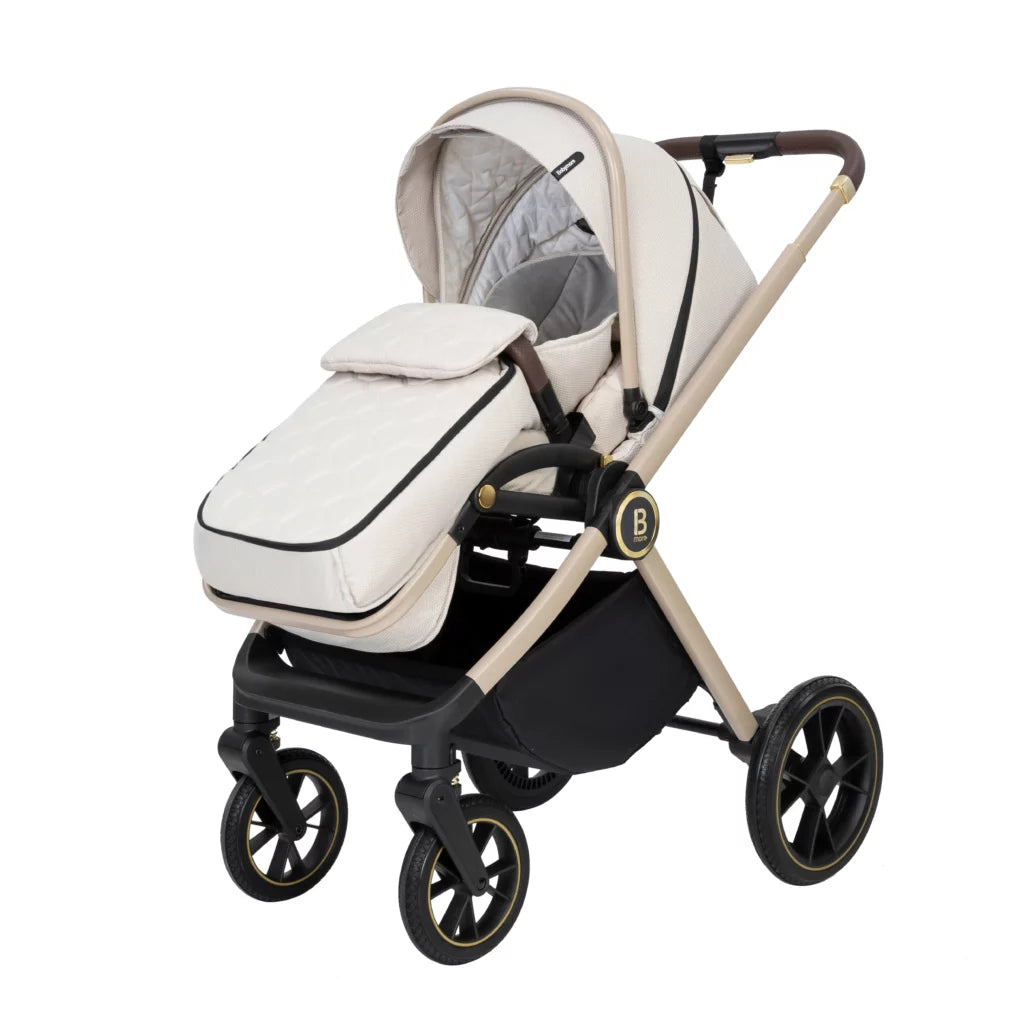 Baby stroller with beige and black design on a white background
