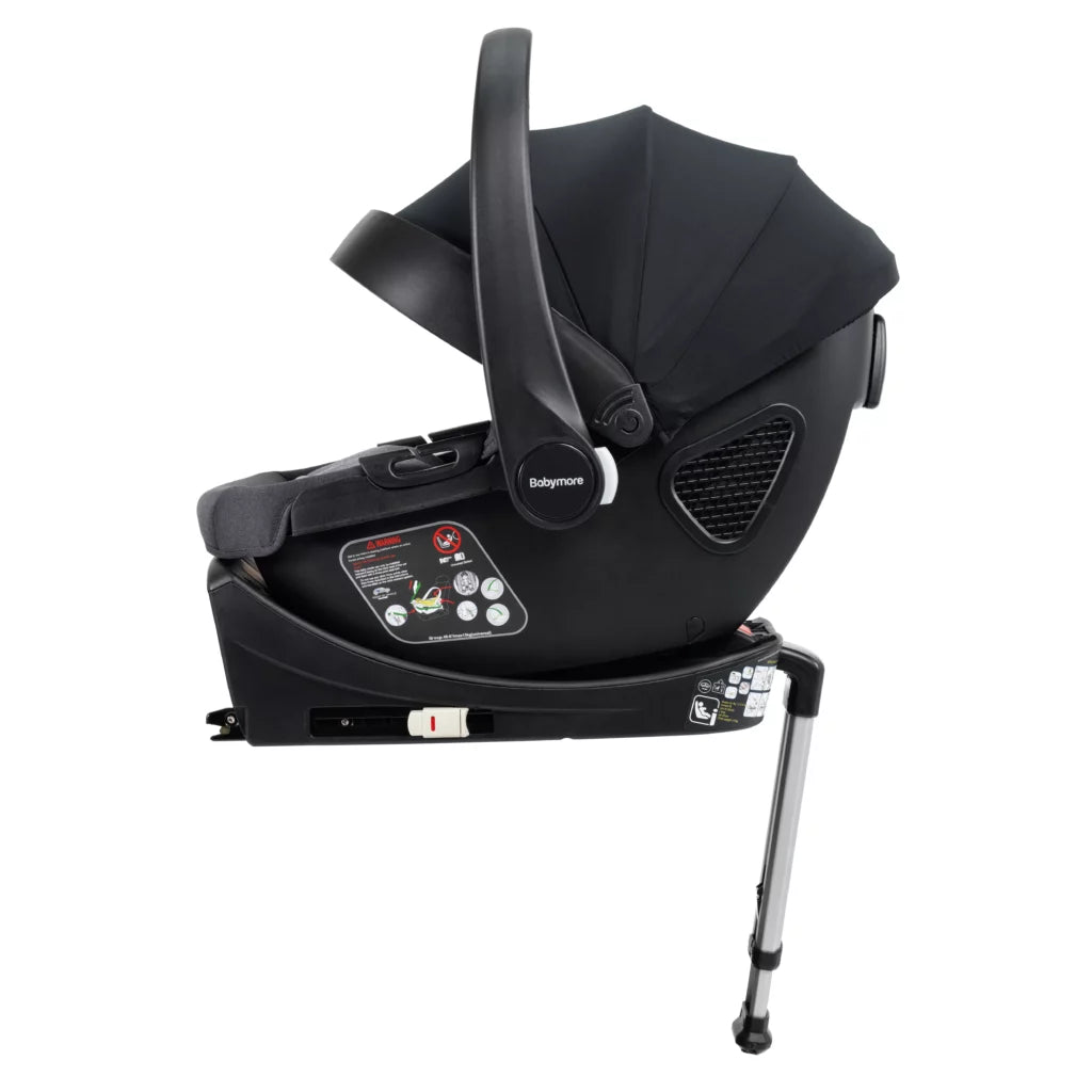 Black baby car seat with base on a white background