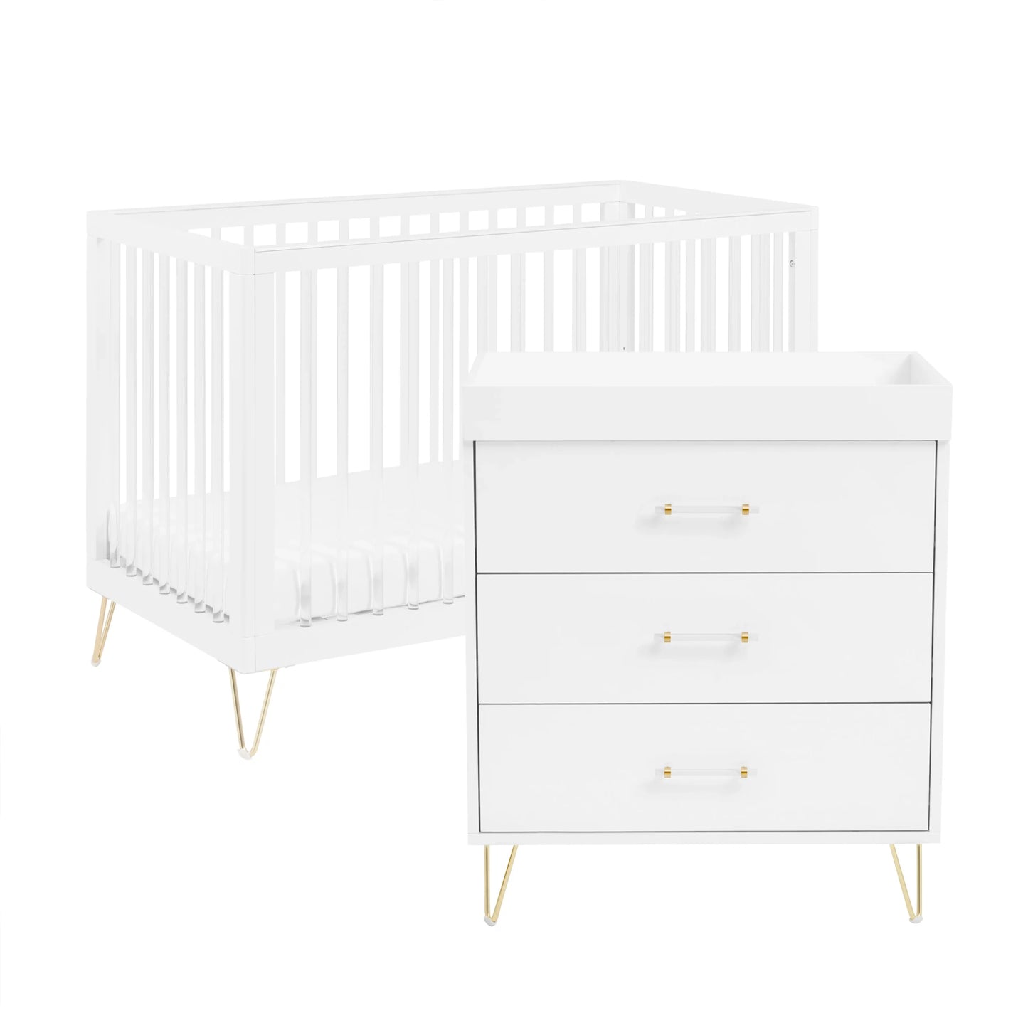 White crib and dresser set with gold legs on a white background