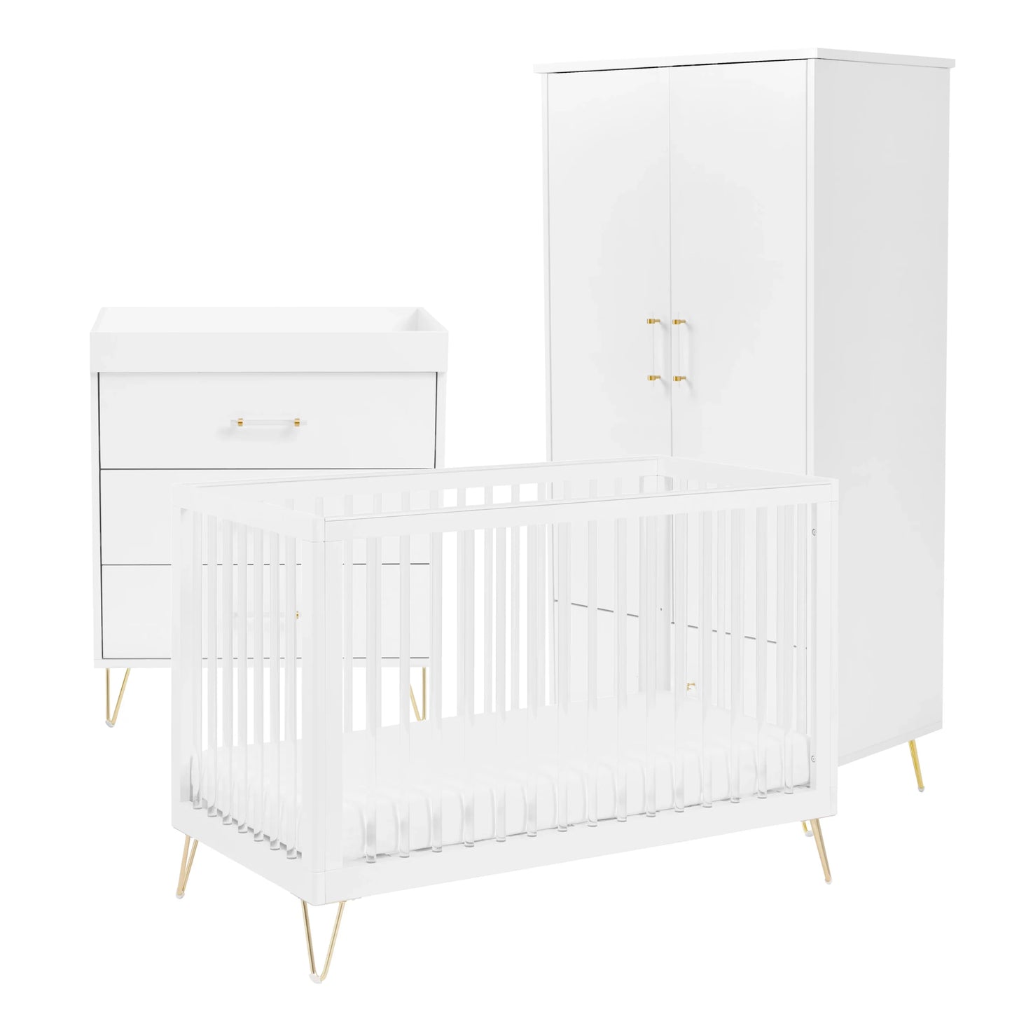 White crib and changing table set with gold legs on a white background