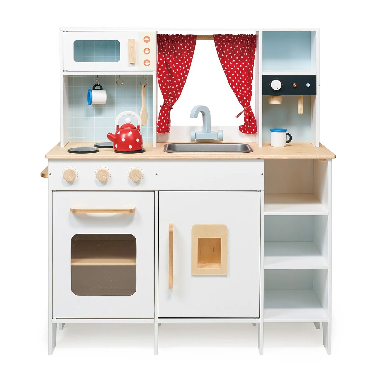 Children's wooden play kitchen set with white cabinets, wooden countertops, and red curtains.