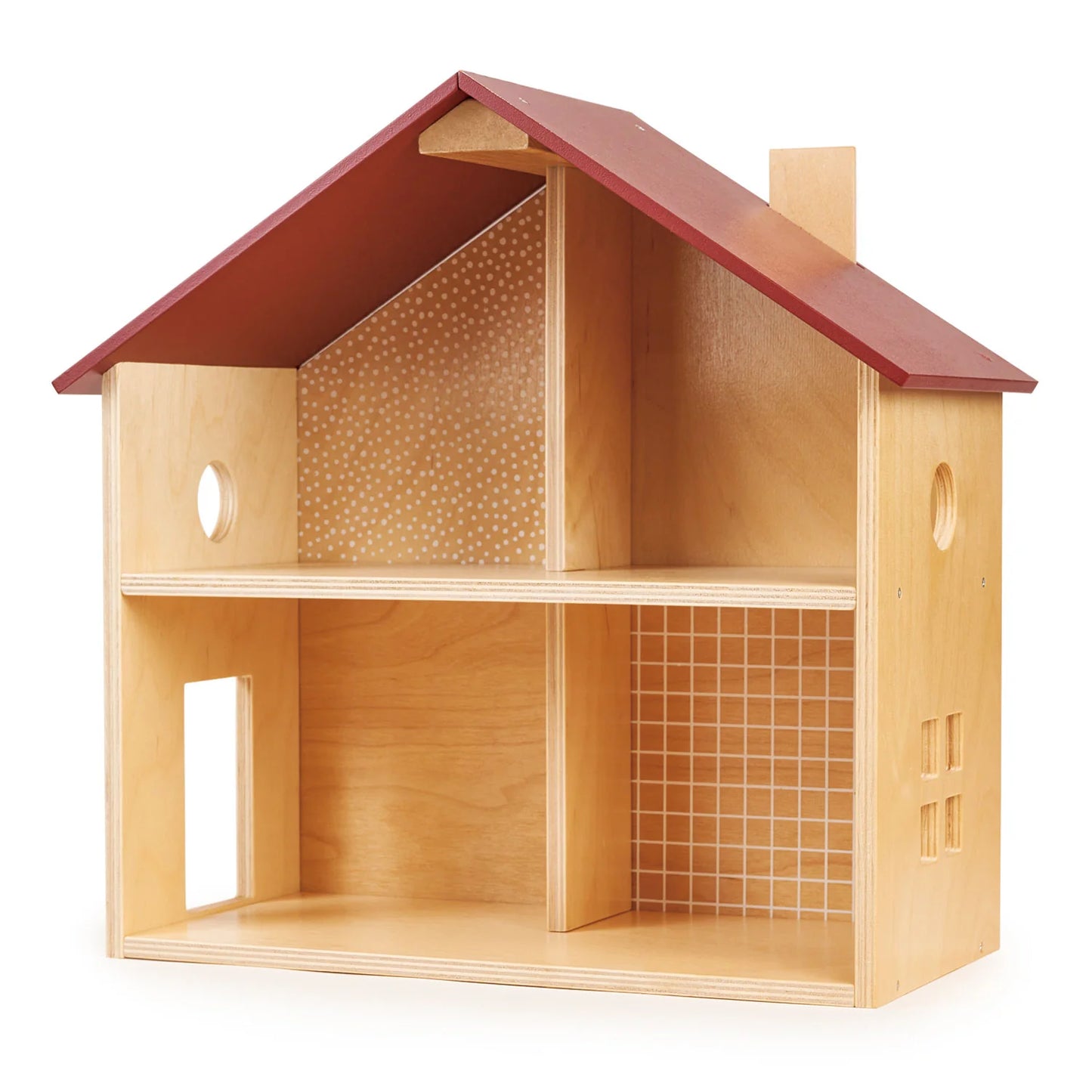 Wooden dollhouse with a red roof on a white background