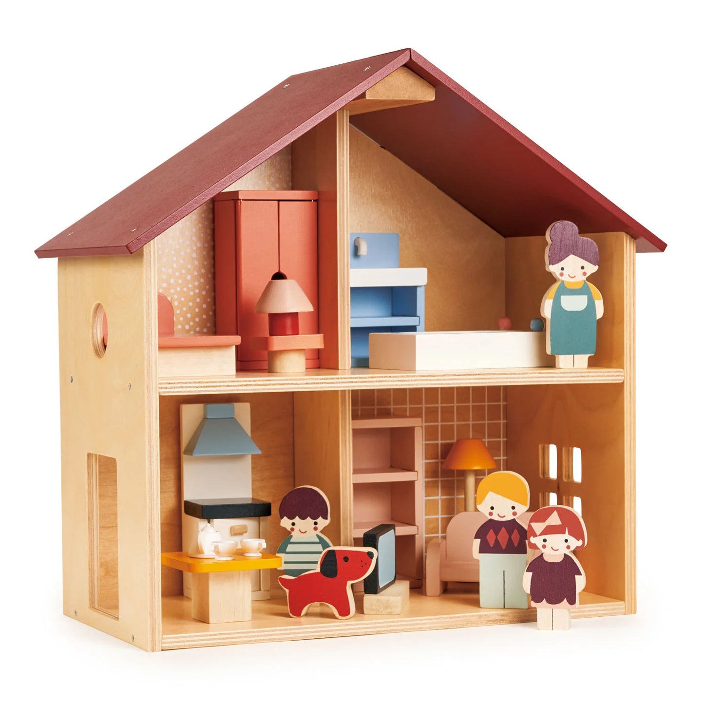 Wooden dollhouse with furniture and dolls on a white background