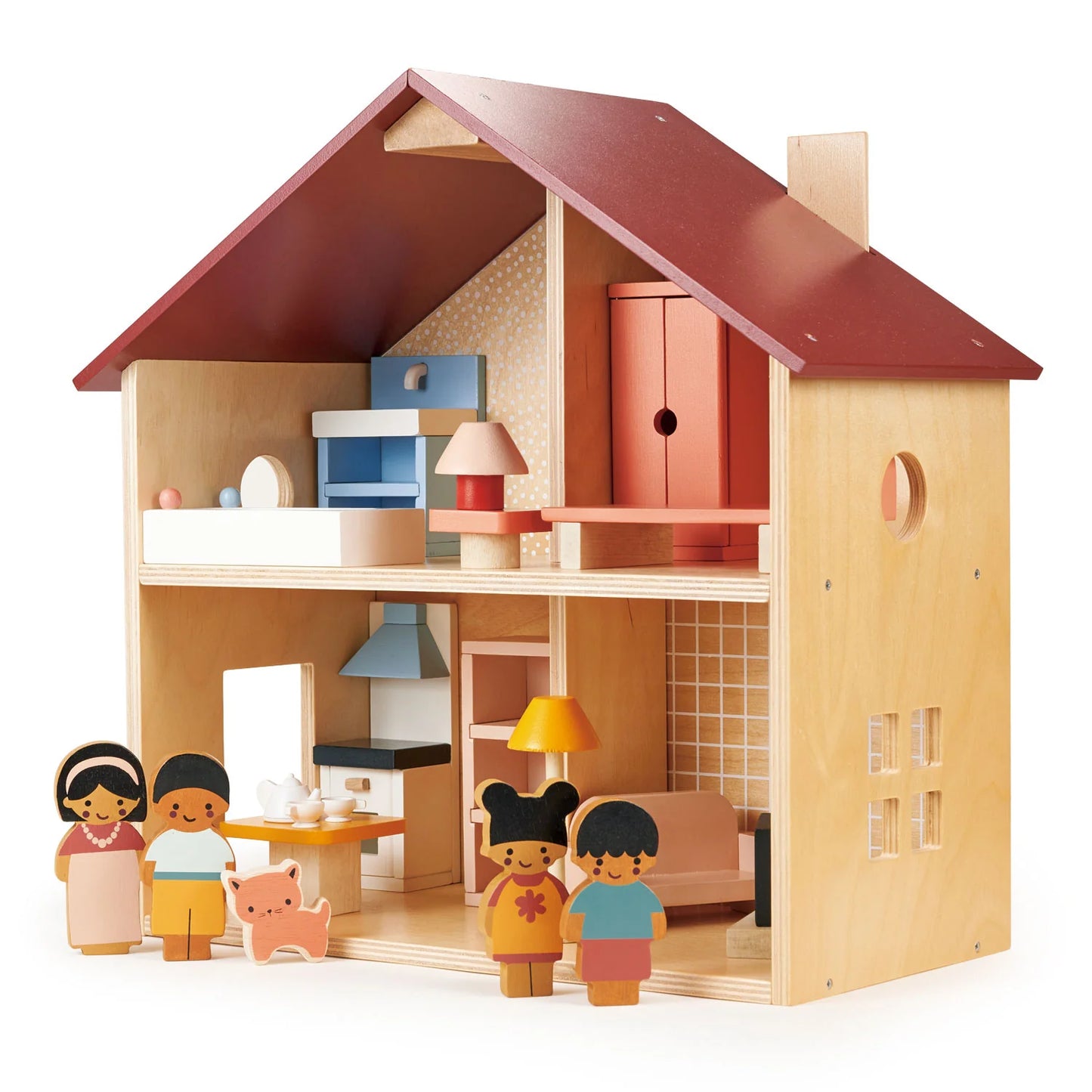 Wooden dollhouse with furniture and dolls on a white background