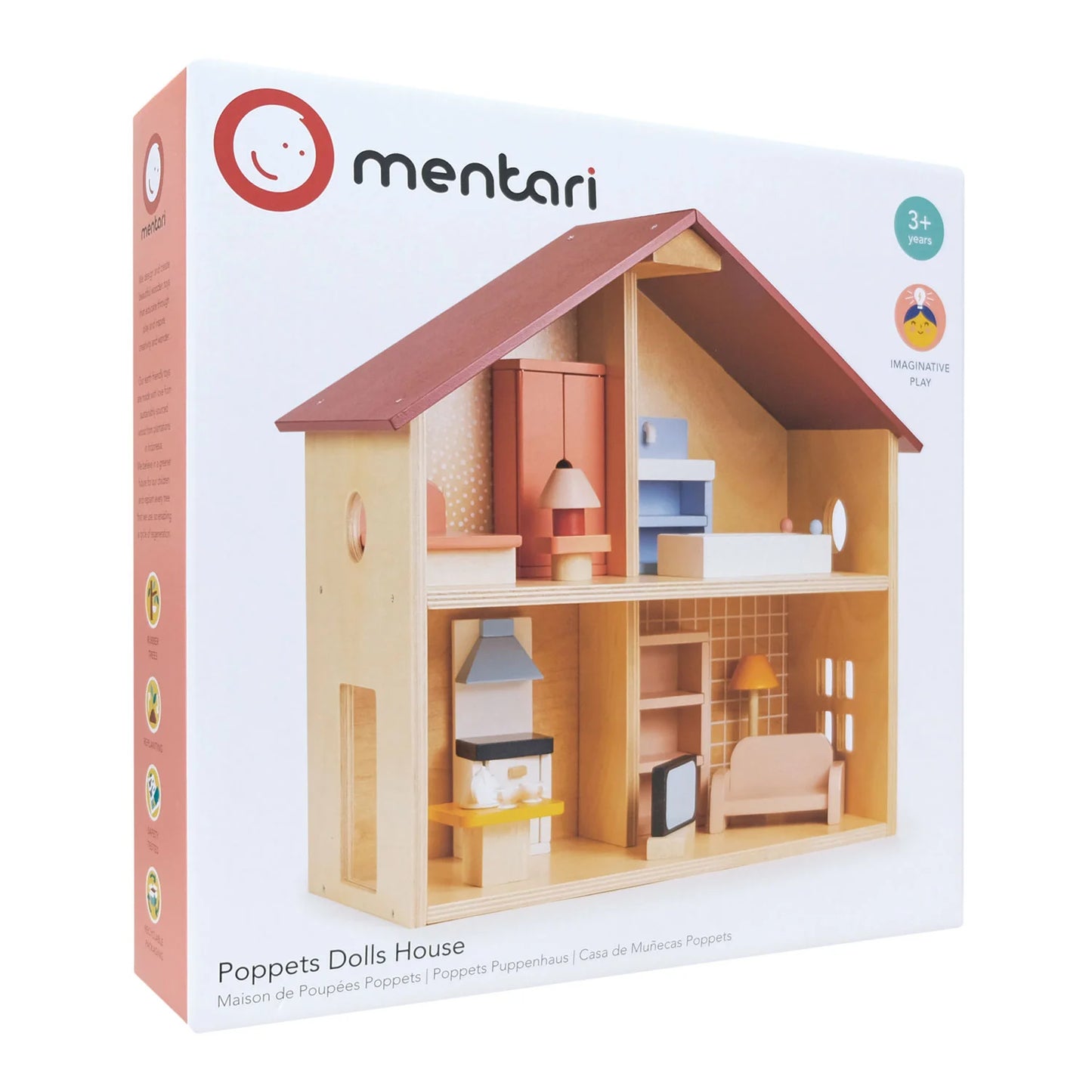 Mentari Poppets Dolls House packaging with a dollhouse illustration on a white background