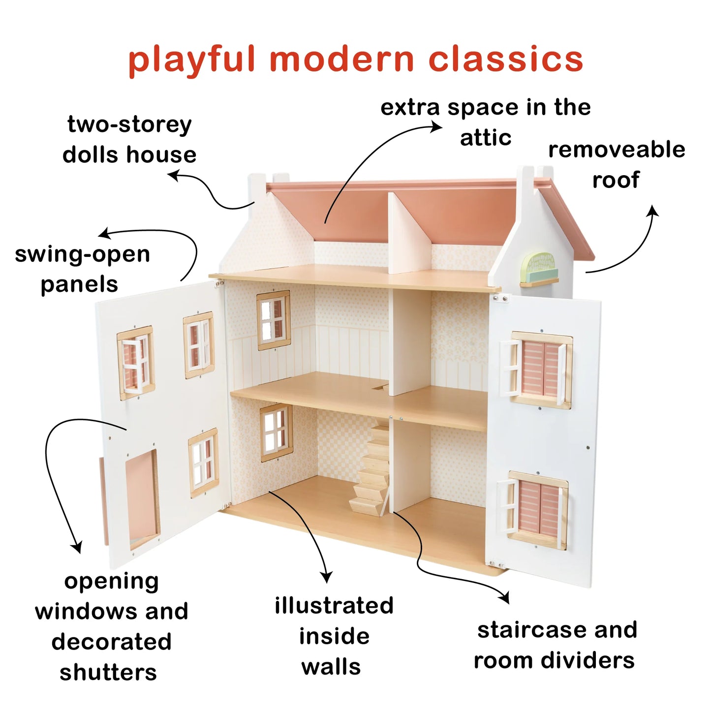 Diagram of a two-story dolls house with features labeled