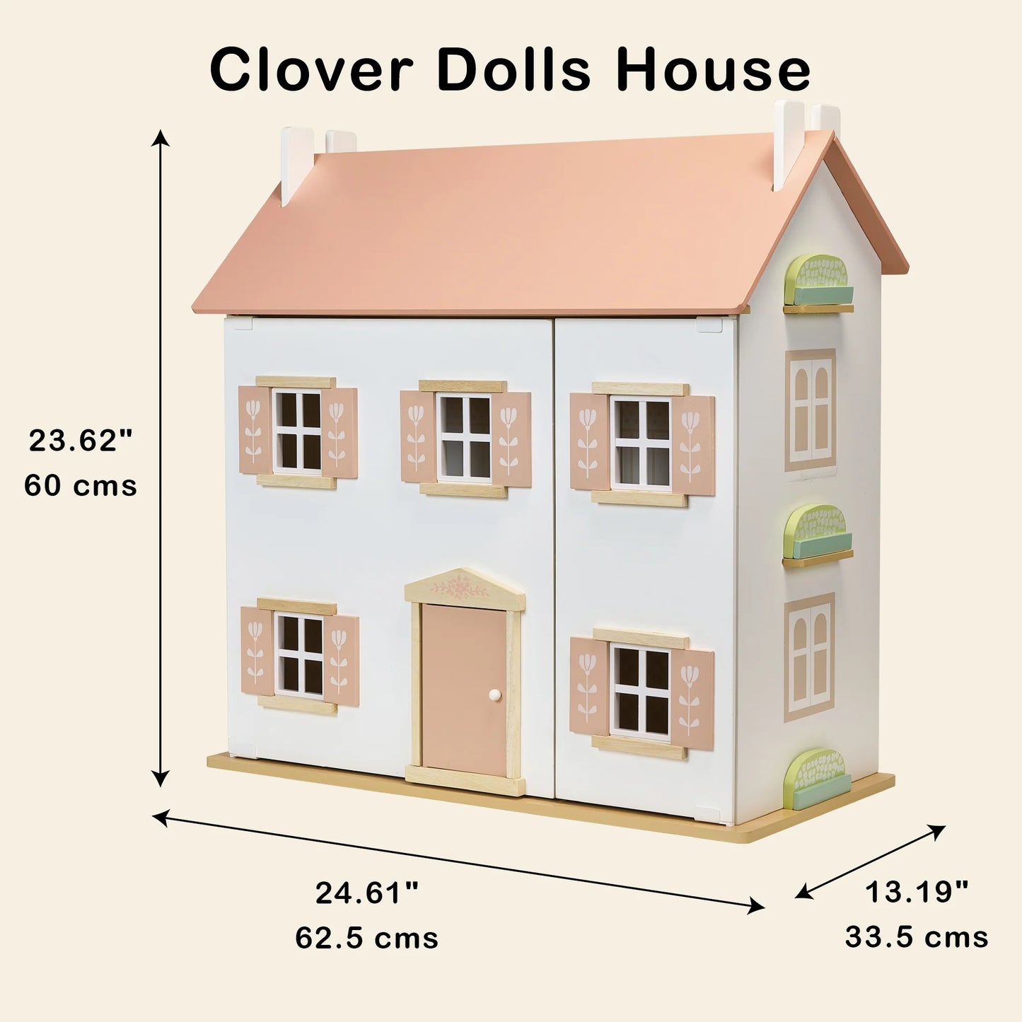 Clover Dolls House with measurements on a beige background