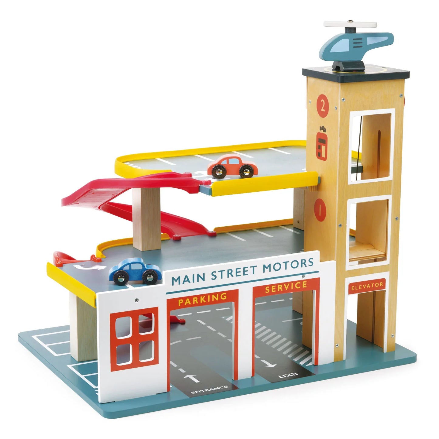 Toy parking garage set with cars on a white background