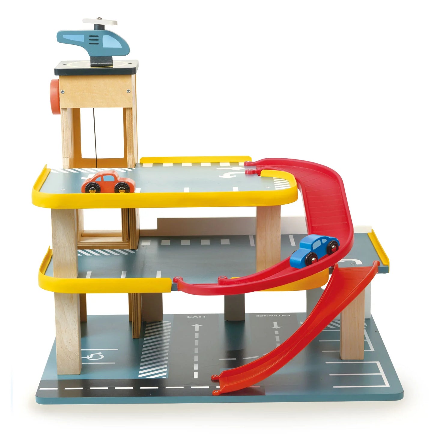Wooden toy race track set with cars on a white background