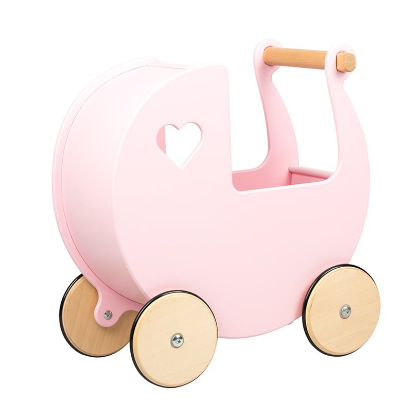 Pink children's toy with wooden wheels on a white background