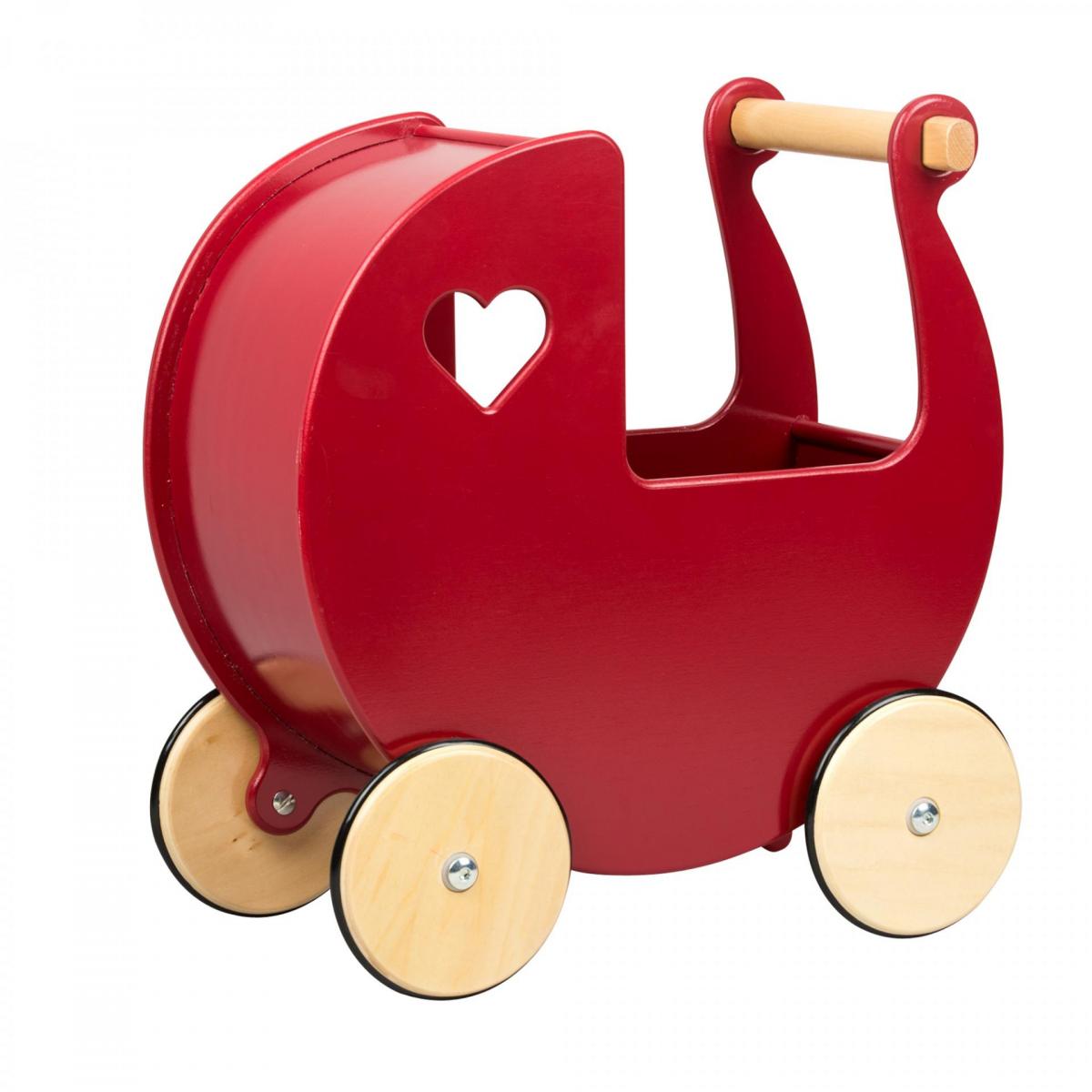 Red toy pram with wooden wheels and handle on a white background