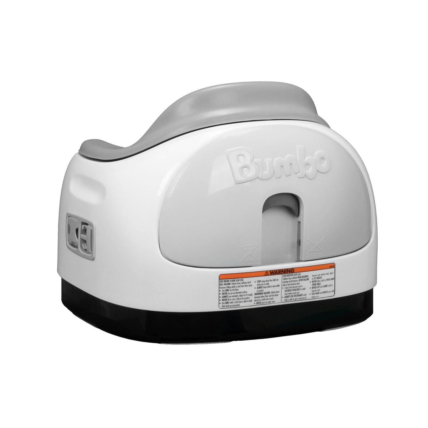 White and gray Bumbo baby seat on a white background
