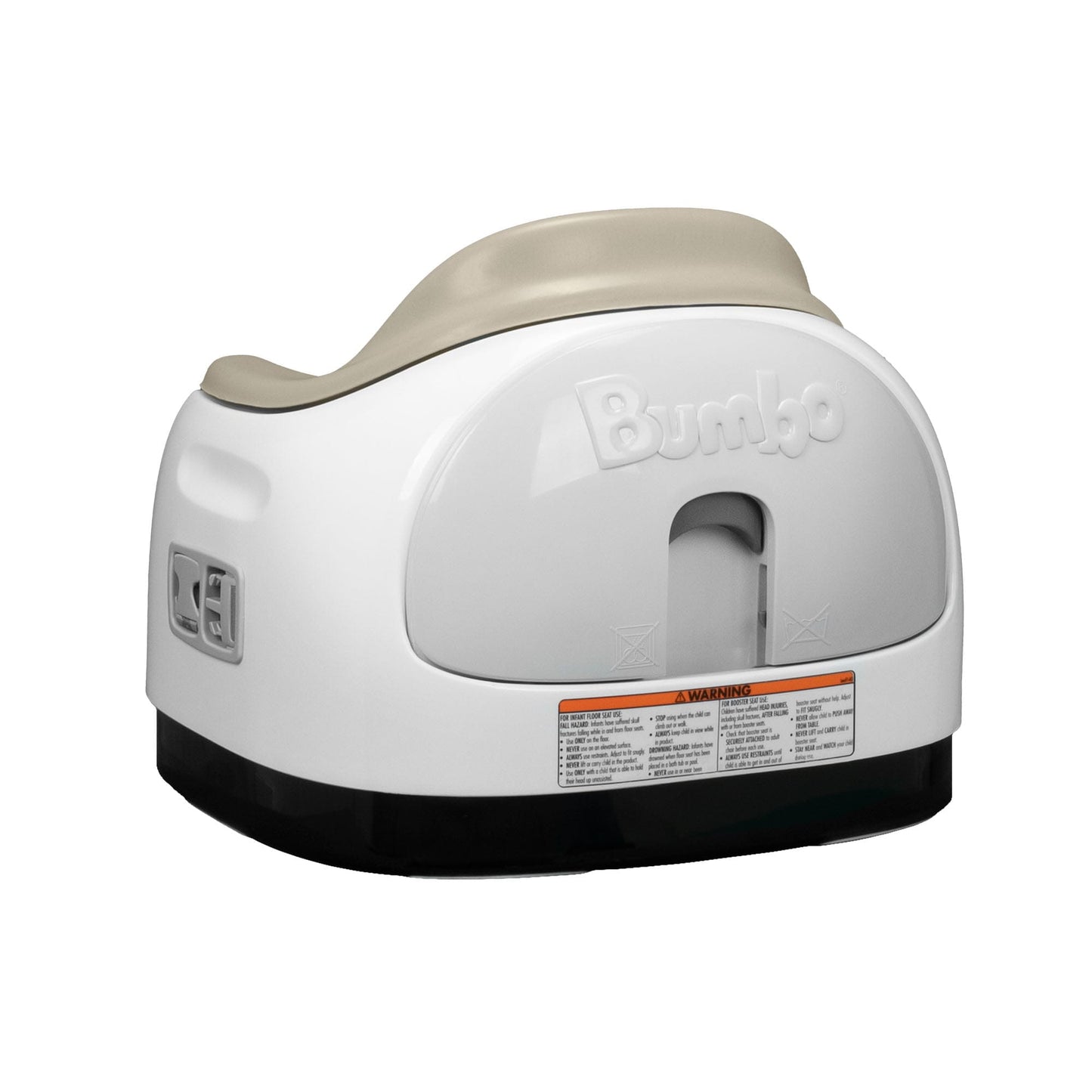 White and beige baby seat with 'Bumbo' branding on a white background