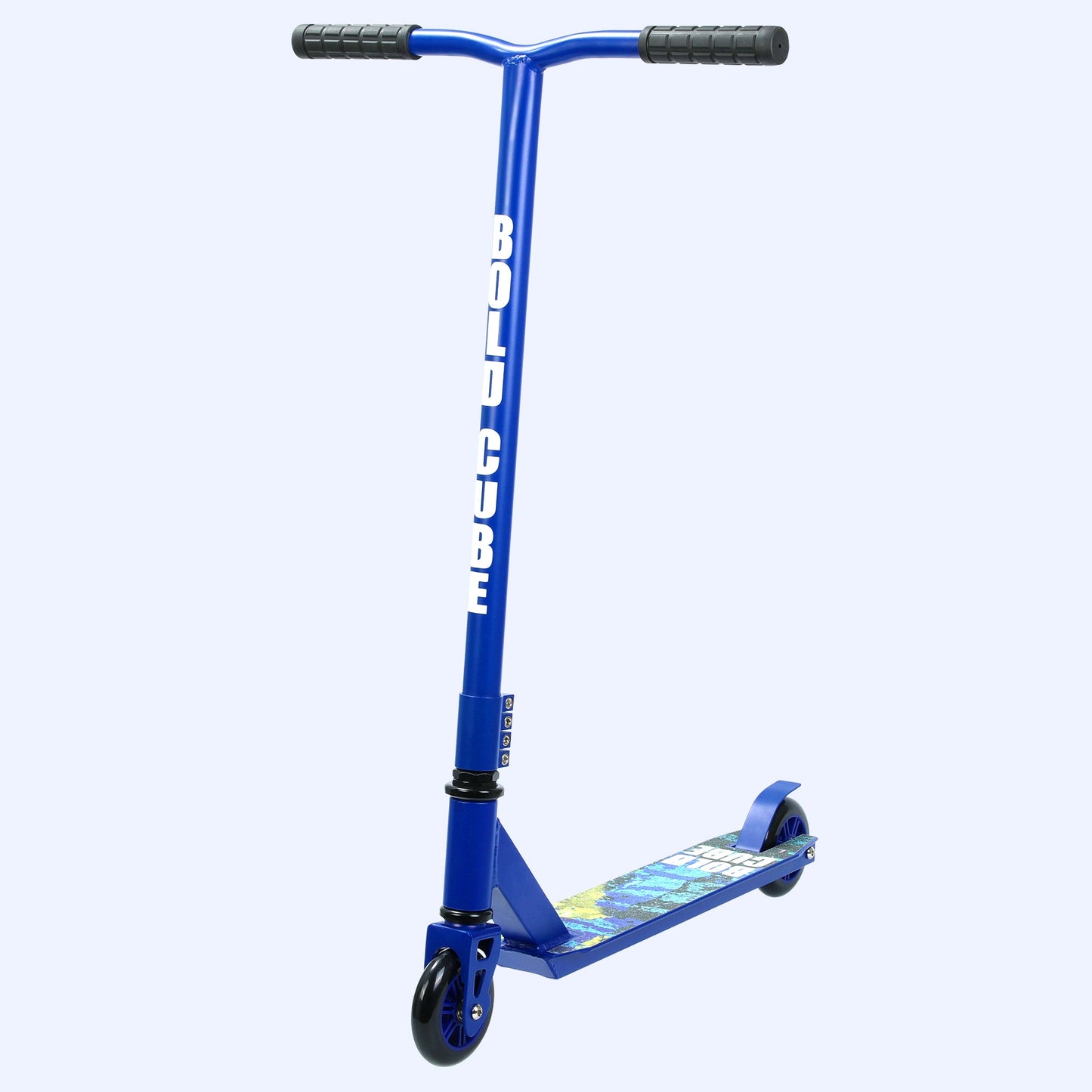 Blue scooter with visible branding on a white background