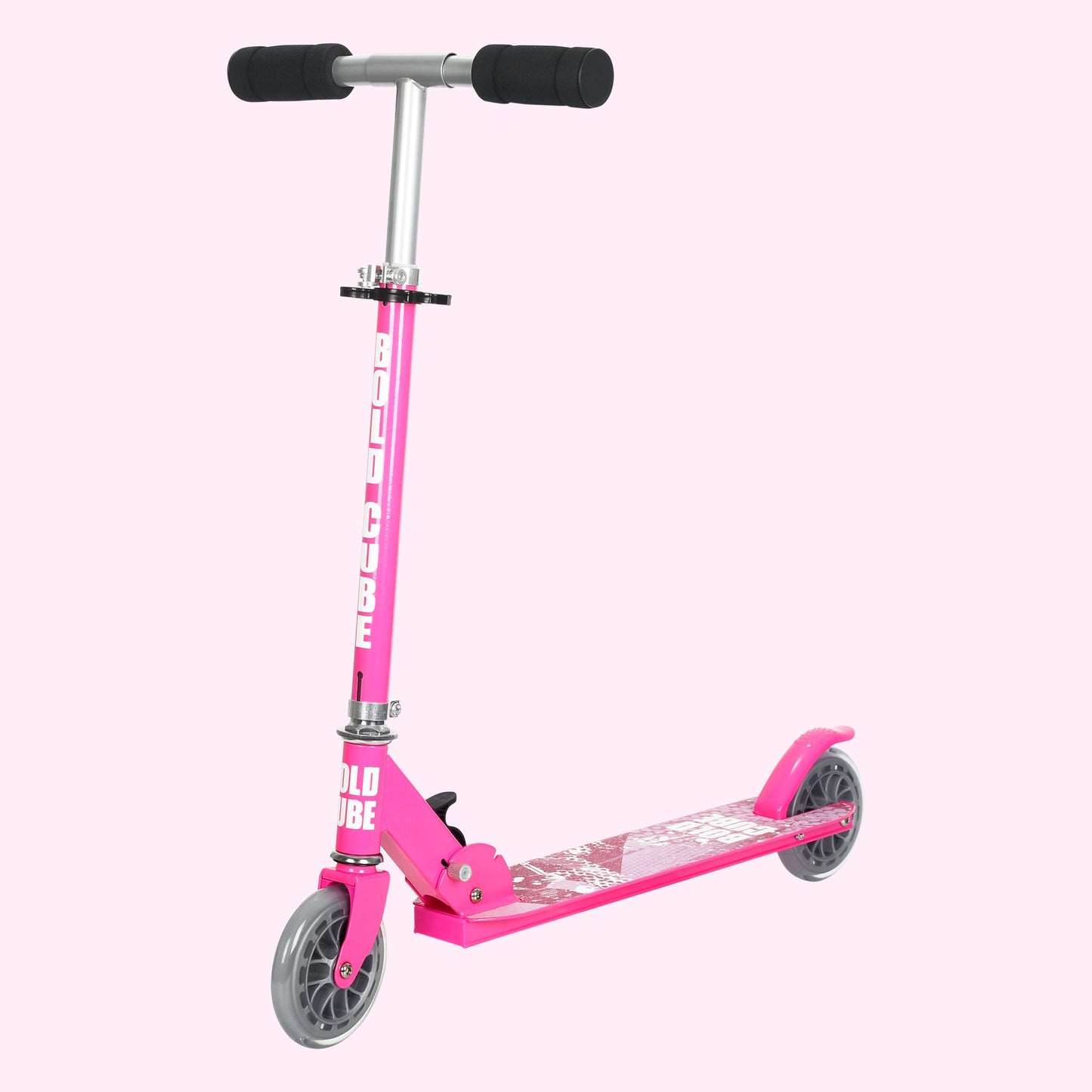 Pink scooter with black handlebar on a white background