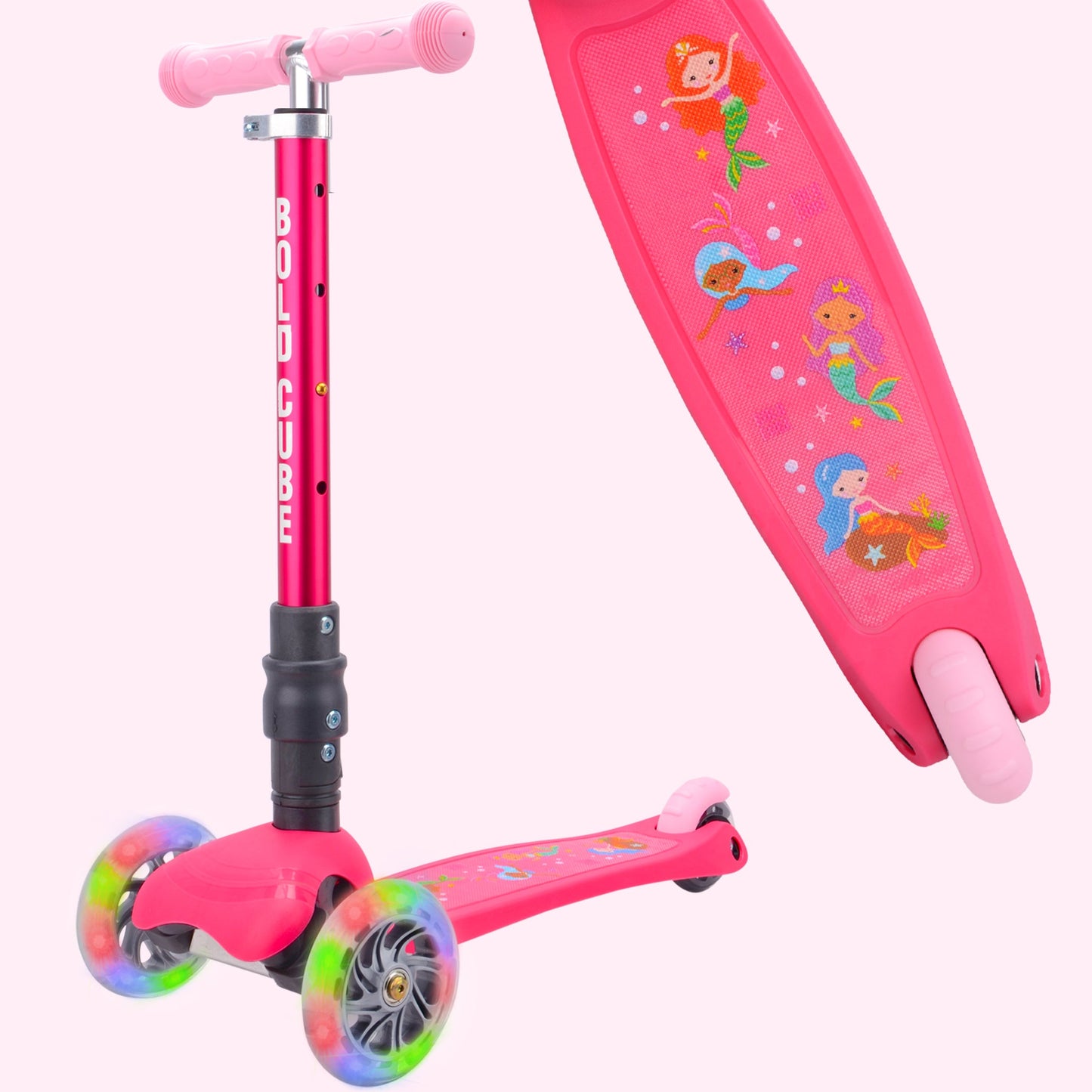 Pink scooter with mermaid design on a white background